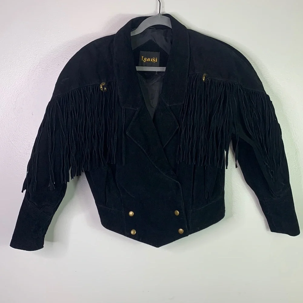 VTG 70s Learsi Black Rancher Western Fringe Suede Leather Jacket Womens Small - Picture 1 of 13